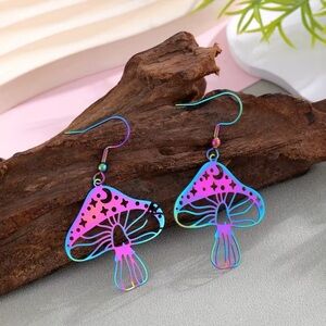 Iridescent Purple Mushroom Dangle Novelty Earrings